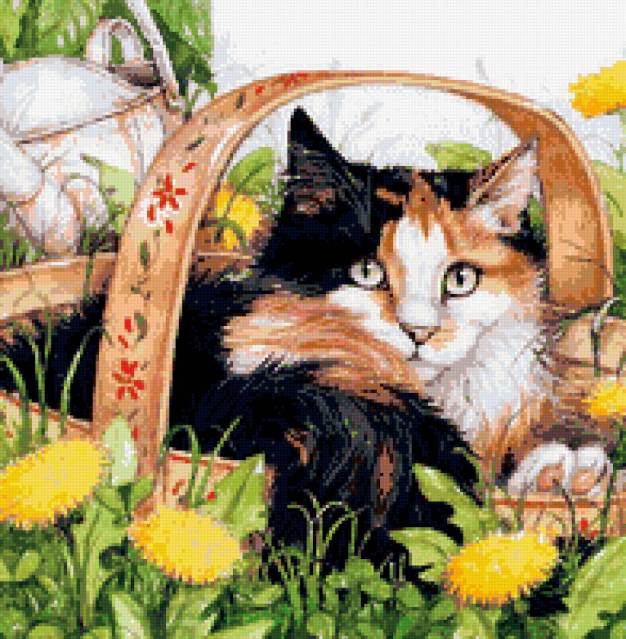 Кошка в лукошке - кошка, одуванчик, лукошко, цветы - предпросмотр