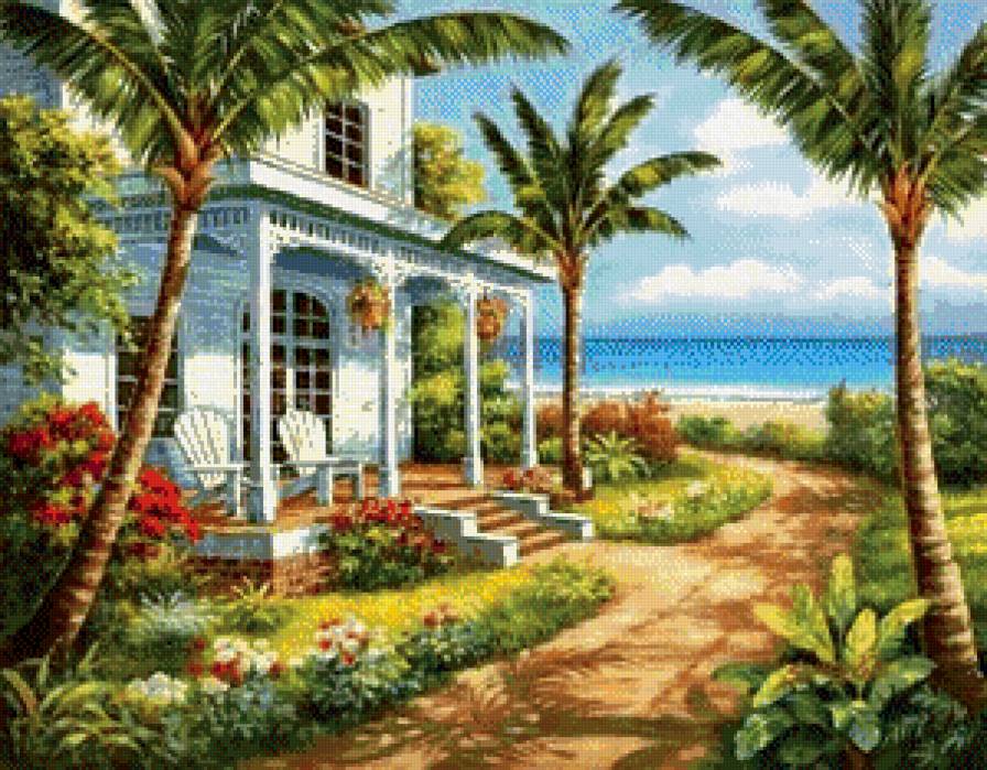 домик у моря - пейзаж, дом, пальмы, море, океан, природа, картина - предпросмотр