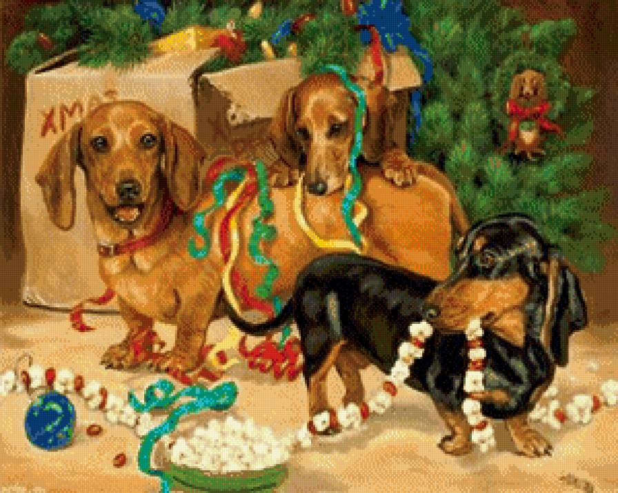новогодние таксы - картина, такса, новый год, собака, собачки, елка, собаки - предпросмотр
