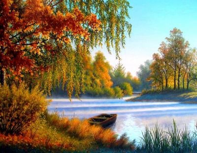 картина - речка, природа, пейзаж, река, лодка - оригинал