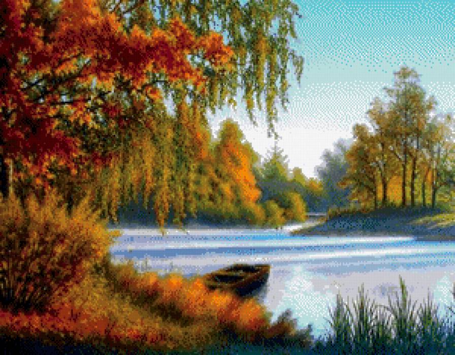 картина - речка, река, пейзаж, природа, лодка - предпросмотр