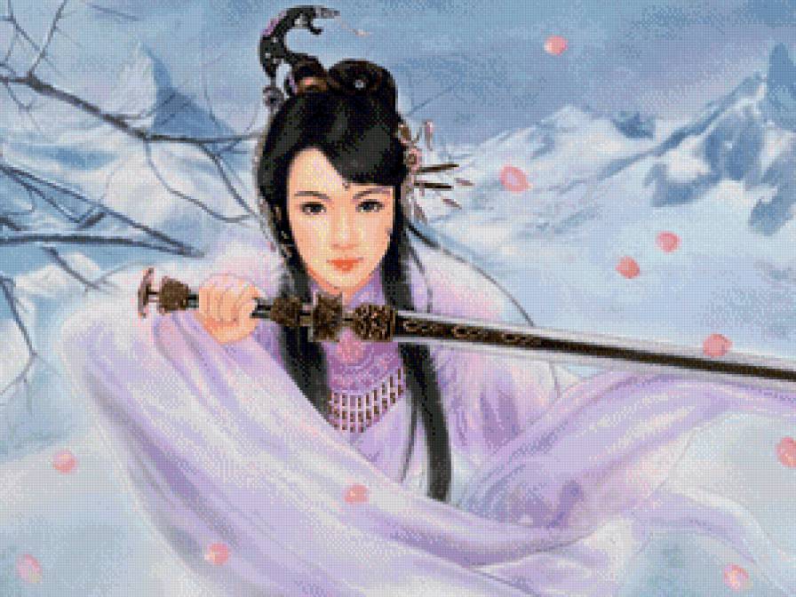 Девушка с мечом на фоне гор - азия, девушка фэнтези - предпросмотр