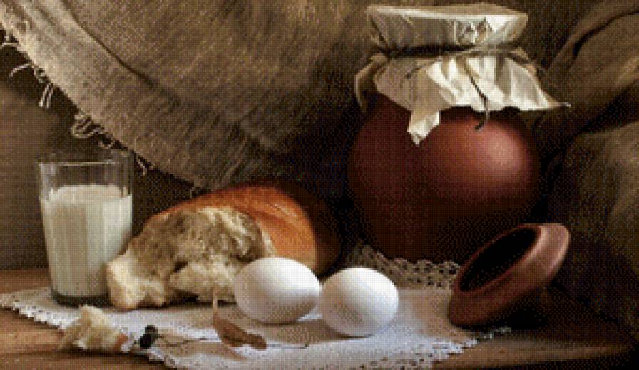 натюрморт - натюрморт, хлеб, деревенский завтрак, яйцо, кухня, молоко - предпросмотр