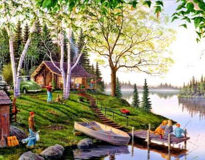 загородный домик - лес, картина, речка, река, дом, пейзаж, лодка, природа - оригинал