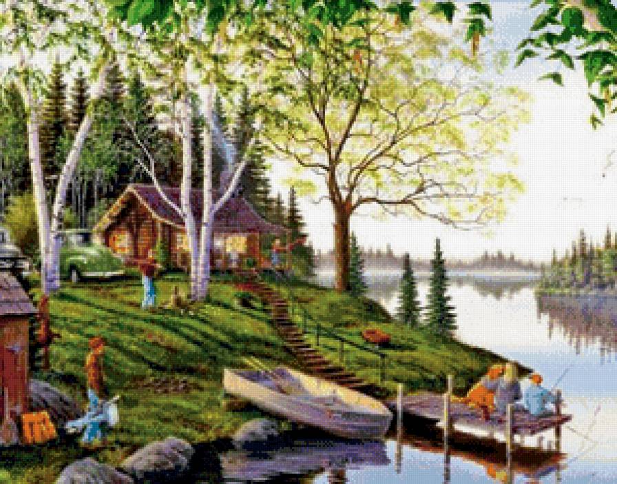 загородный домик - лодка, лес, картина, природа, река, пейзаж, дом, речка - предпросмотр