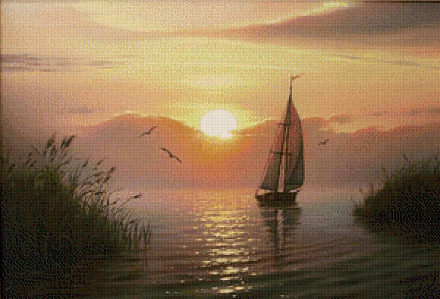 Морские пейзажи Сергея Стоева - картина, море, закат, парусник - предпросмотр