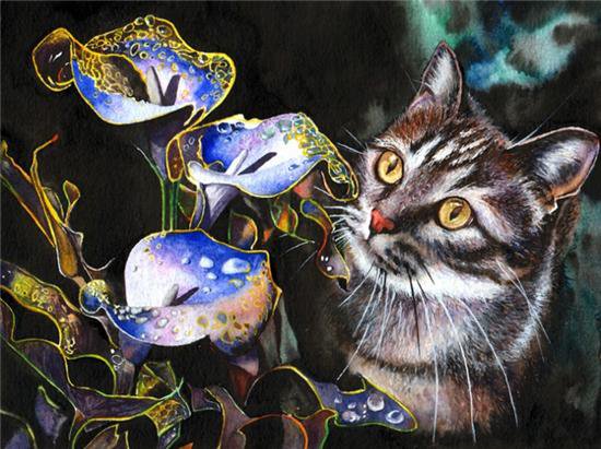 кошка - кот, кошка, цветы, животные - оригинал