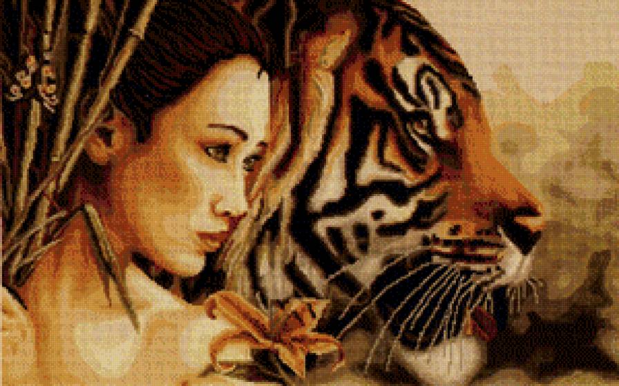 Девушка с тигром - женщина, азиатка, животные, баба, тигр, девушка - предпросмотр