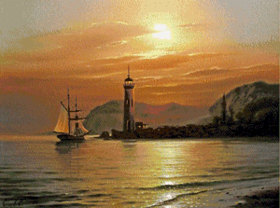 Морские пейзажи Сергея Стоева - маяк, картина, море, пейзаж, горы, закат - предпросмотр