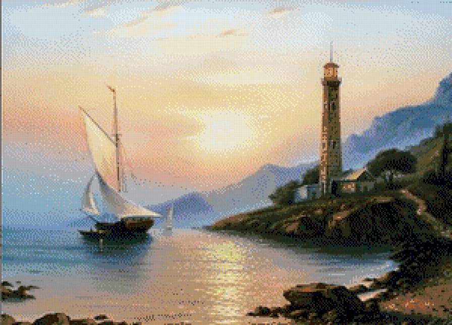 Морские пейзажи Сергея Стоева - закат, картина, маяк, пейзаж, горы, море - предпросмотр