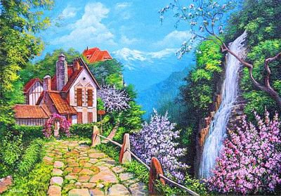 картина - природа, домик, дом, пейзаж, водопад - оригинал