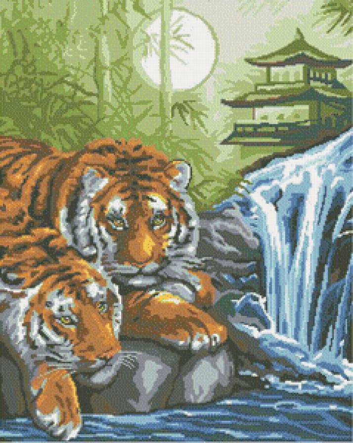Тигры - животные, тигры, водопад - предпросмотр