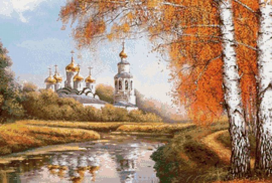 Храм на берегу реки - осень, собор, храм, пейзаж, река, церковь - предпросмотр
