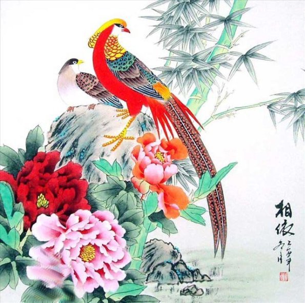 №770112 - цветы, картина, живопись, азия, птицы - оригинал