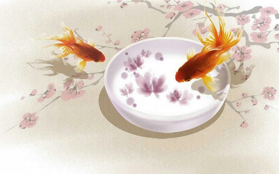 Золотые рыбки - золотые рыбки, сакура, япония - оригинал