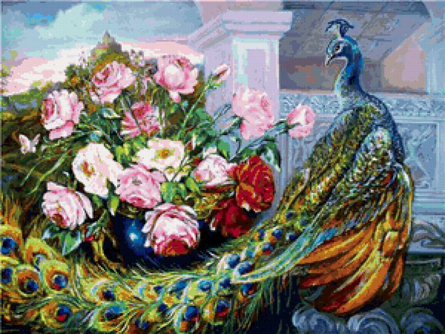 павлин и розы - картина, цветы, птицы, розы - предпросмотр