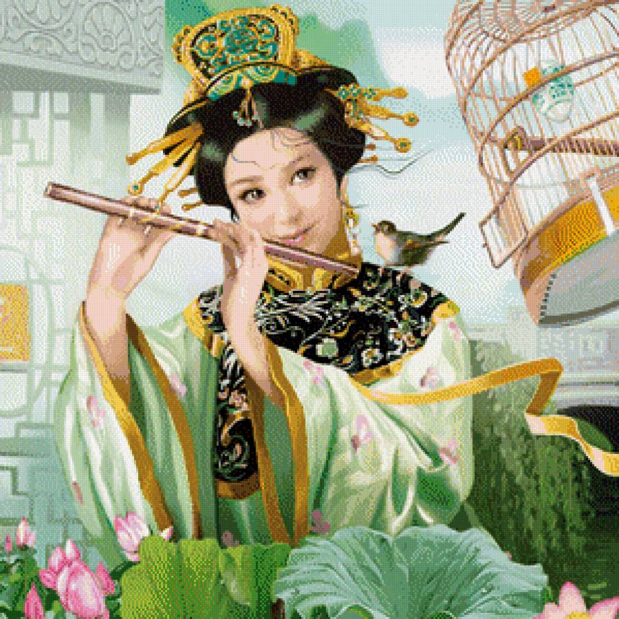 Игра на флейте - лица, картина, портрет, живопись азии, девушка - предпросмотр