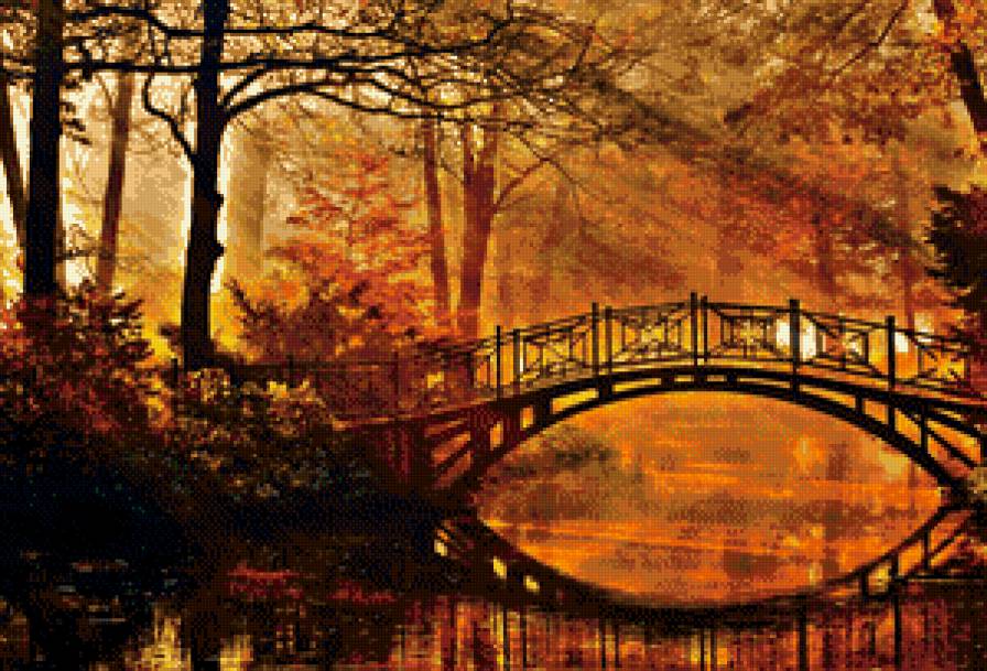 осенний парк - утро, мост, времена года, парк, сень, деревья, пейзаж, монохром - предпросмотр