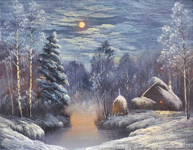 зимний вечер - луна, времена года, дом, ночь, пейзаж, лес - оригинал