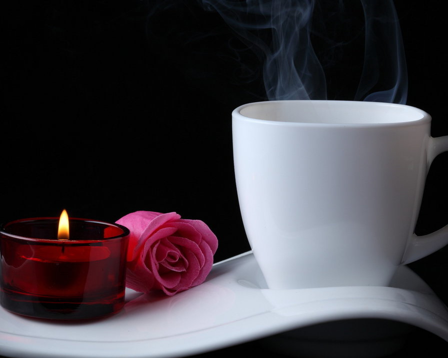 с любовью... - романтика, свеча, кофе, роза - оригинал