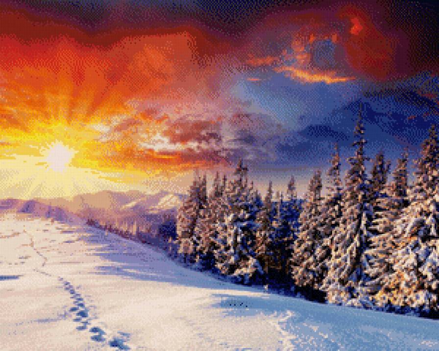 зимняя сказка - зима, восход, снег, облака, солнце, лес, времена года - предпросмотр