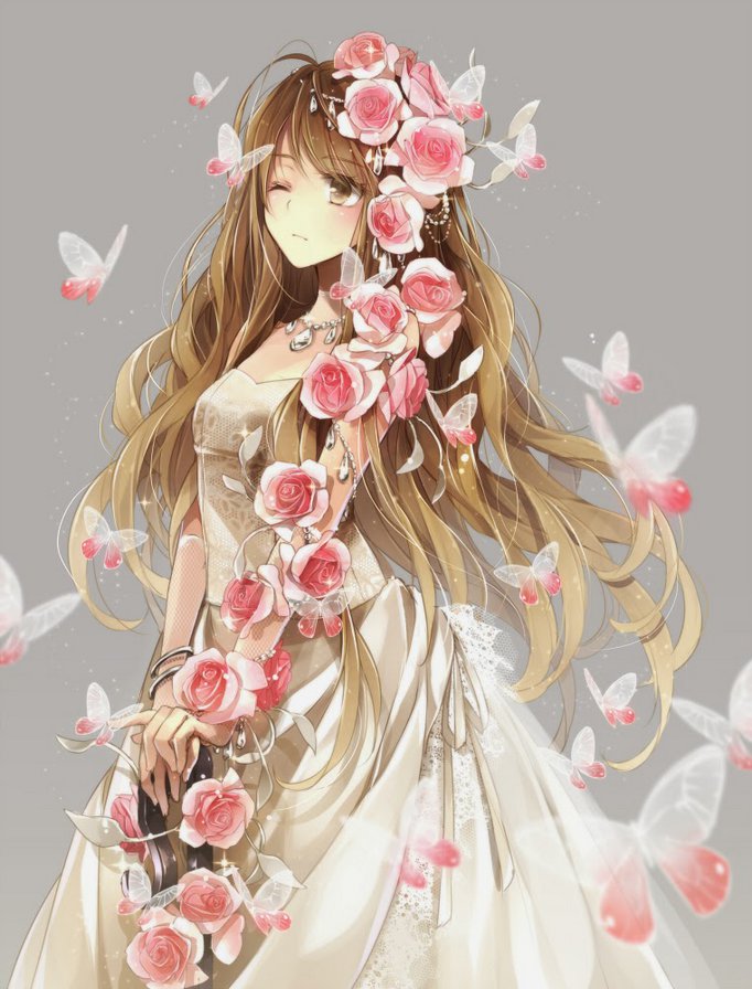 Цветы Бабочки Белое Платье Аниме Невеста - арт, девушка - оригинал