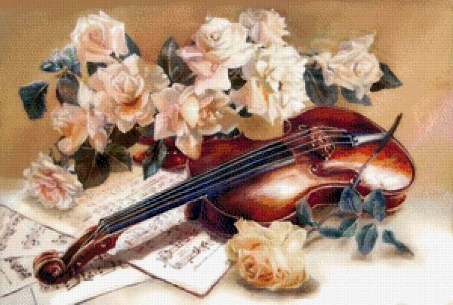 Розы и скрипка - натюрморт - предпросмотр