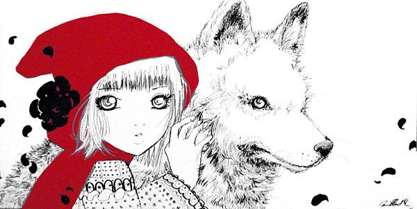 Красная шапочка - черно - белое с красным, волк, девочка - оригинал