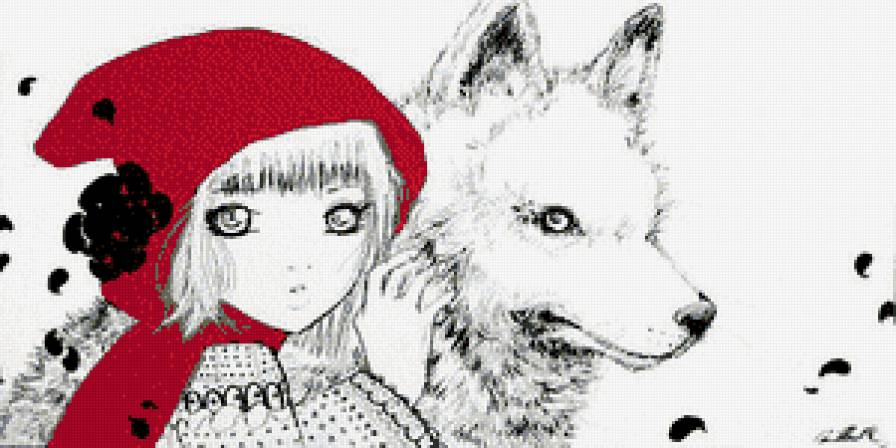 Красная шапочка - девочка, волк, черно - белое с красным - предпросмотр