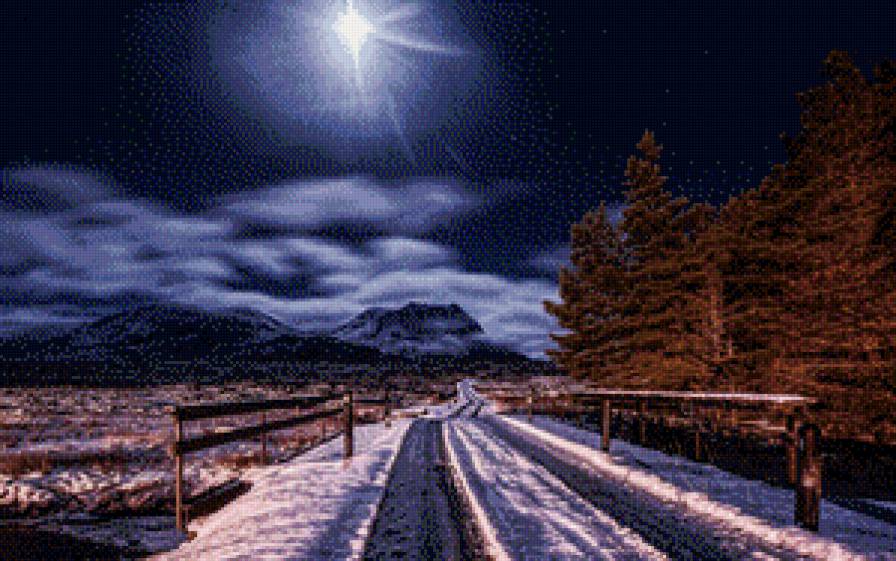 зимний вечер - лес, луна, дорога, пейзаж, зима, вечер, времена, года - предпросмотр