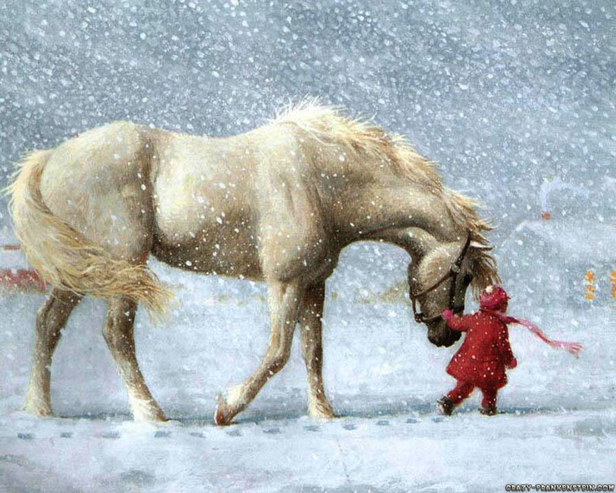 Лошадь с девочкой - лошадь, зима, метель, животные, дети. девочка - оригинал