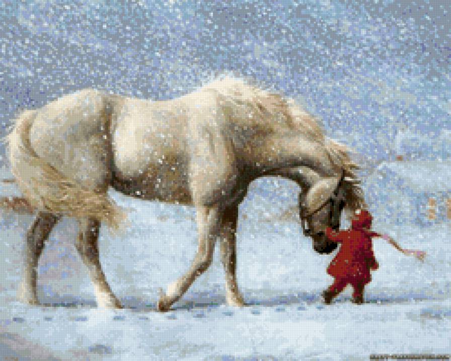 Лошадь с девочкой - животные, лошадь, зима, дети. девочка, метель - предпросмотр