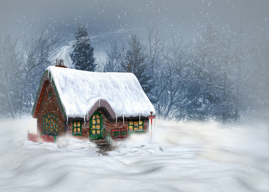 домик в снегу - домик, времена года, метель, снег, зима, лес - оригинал