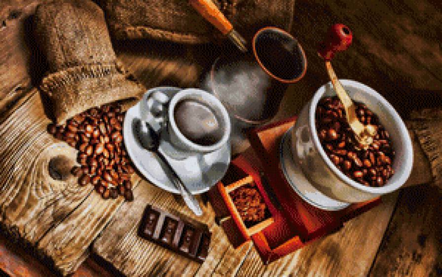 искусство кофе - турка, шоколад, мельница, чашка, кофе, зерна, на кухню - предпросмотр