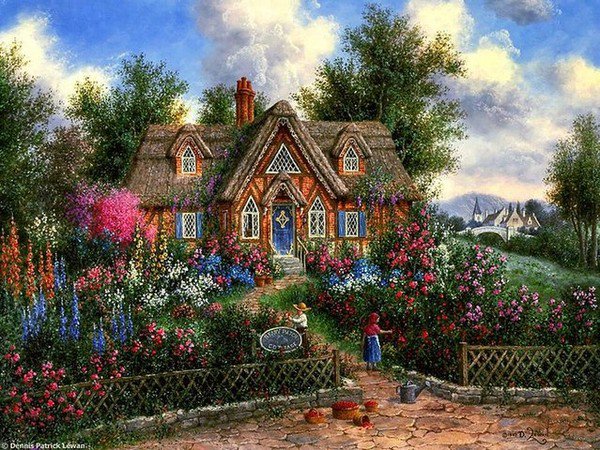 дом с садом - картина, дом, цветы - оригинал