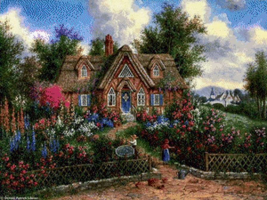 дом с садом - цветы, картина, дом - предпросмотр