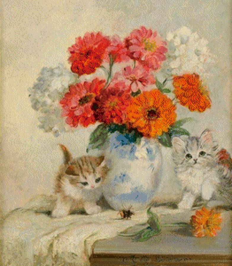 котята - котята, цветы, картина - предпросмотр