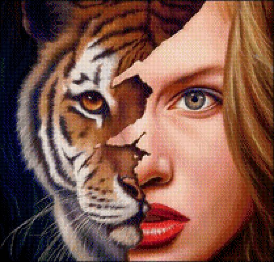 Женщина-тигр - женский образ, тигр, фэнтези, портрет - предпросмотр