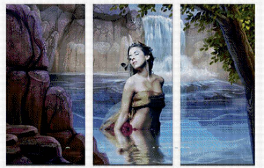 девушка - девушка, природа, пейзаж, водопад, триптих - предпросмотр