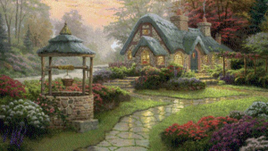 уютный домик - дом, цветы, картина, сад - предпросмотр