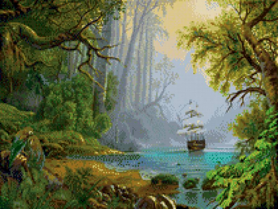Парусник в джунглях - корабль, парусник, красота, море, природа - предпросмотр