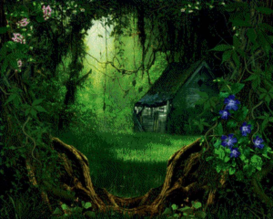 заброшенный домишко - домик, пейзаж, лес, цветы, монохром - предпросмотр