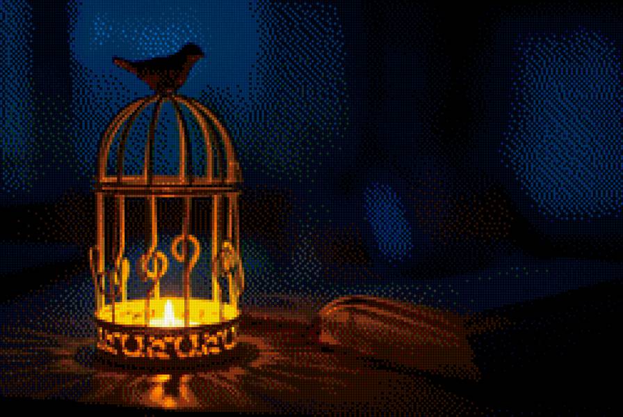 Птичка и клетка - клетка, подсвечник, свеча, птичка - предпросмотр