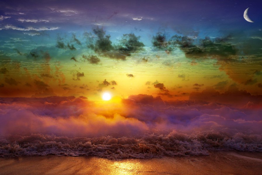 бурлящий океан на закате - небо, закат, пейзаж, океан, природа - оригинал