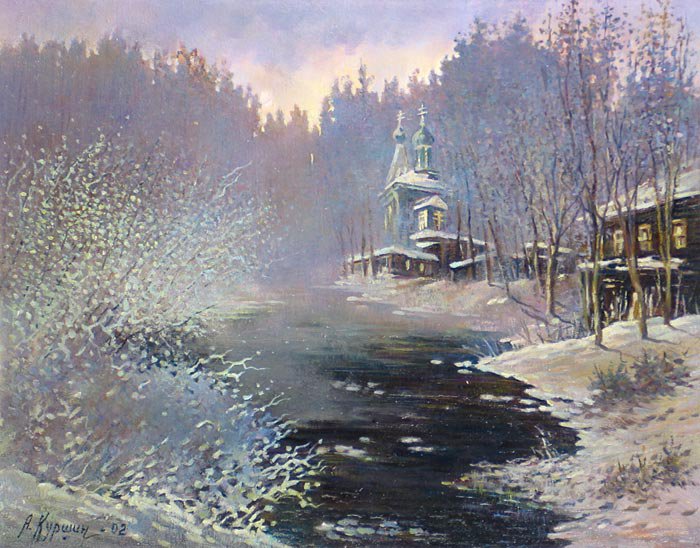 Церковь - пейзаж, лес, зима, дом - оригинал