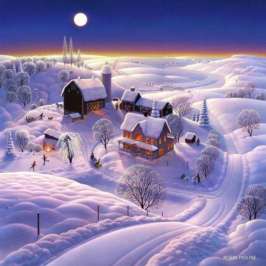 Winter on the farm - ферма, художник robin moline, зима - оригинал