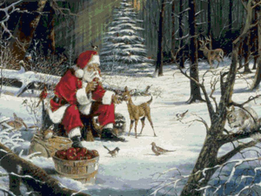 Дед Мороз в лесу - новый год, лес, праздник, животные, зима - предпросмотр