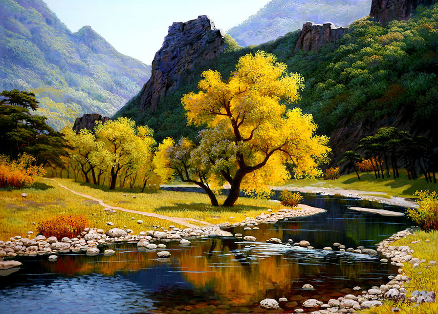 картина - природа, горы, речка, пейзаж - оригинал