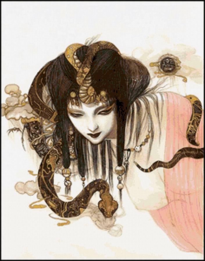 Диалог - рисунок, змея, открытка, портрет, фея, япония - предпросмотр