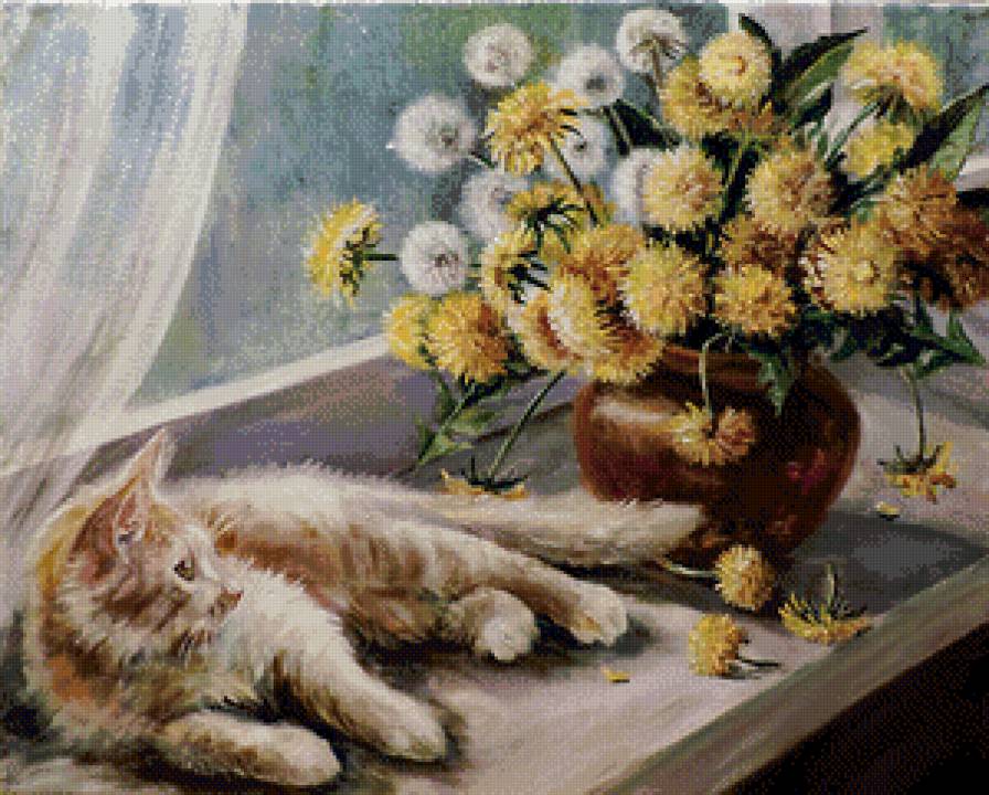Одуваньчиковый кот - кот, окно, букет одуванчиков - предпросмотр
